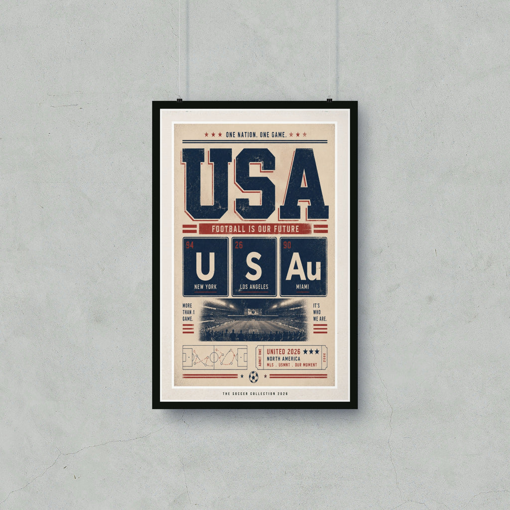USA poster with "Football is Our Future" and city names.