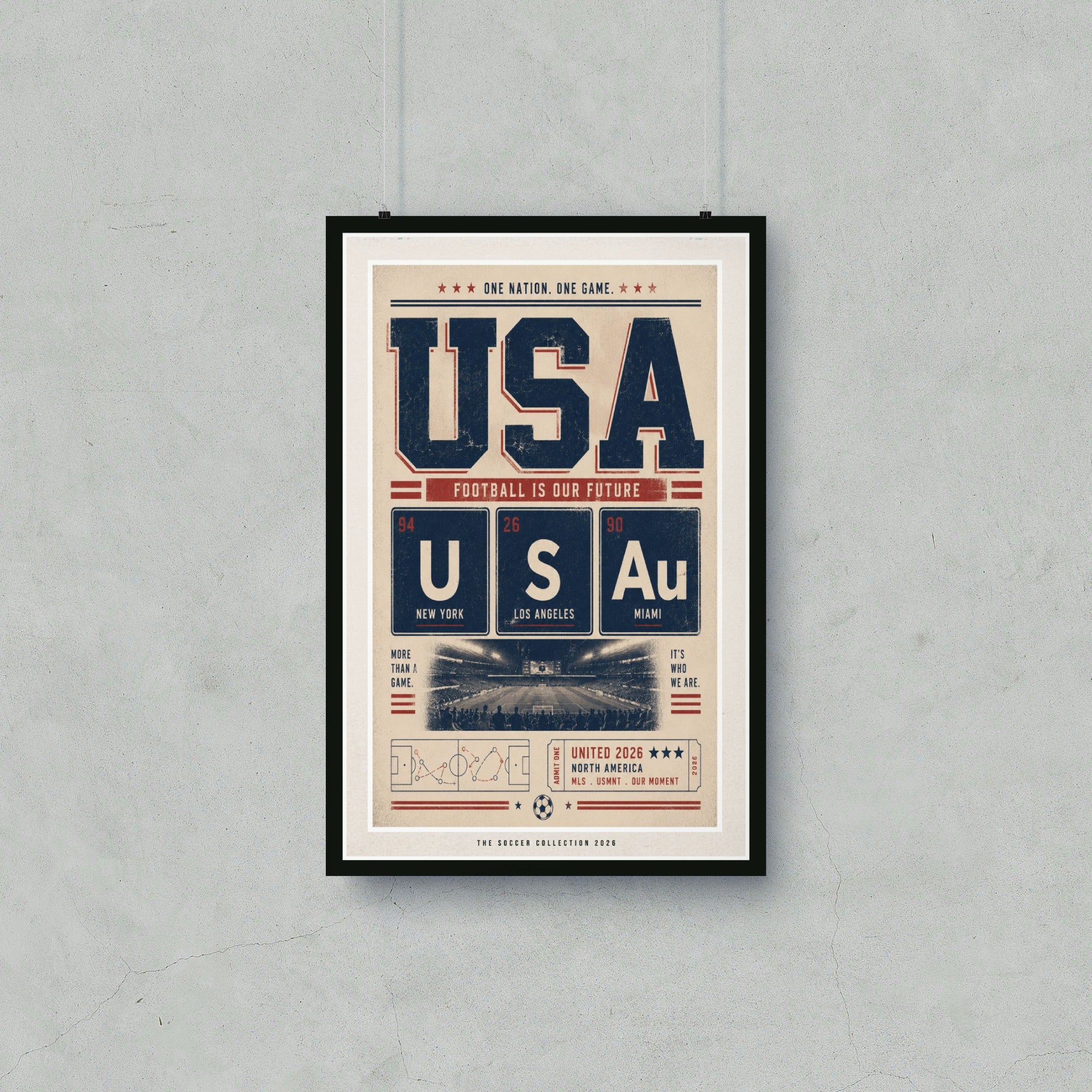 USA poster with "Football is Our Future" and city names.