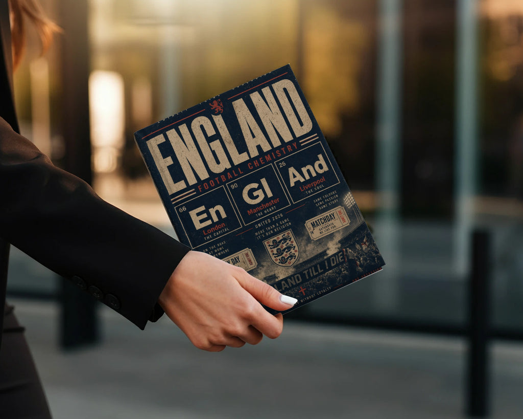 England Football Chemistry periodic table poster with city names and dates.