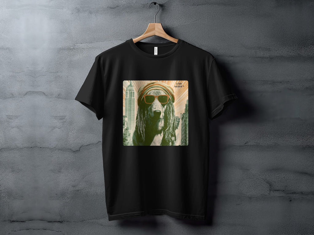 Black t-shirt featuring a dog wearing sunglasses and a bandana.